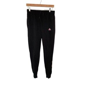 ADIDAS Womens Small Spell Out Pink Logo Jogger Leggings UK 8/10 Black Drawstring